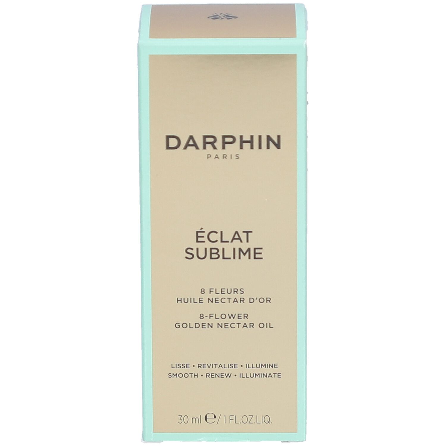 Boîte Darphin. Inscription : Eclat Sublime, 8 Fleurs, Huile Nectar d'Or. 30 ml. Cadre menthe.