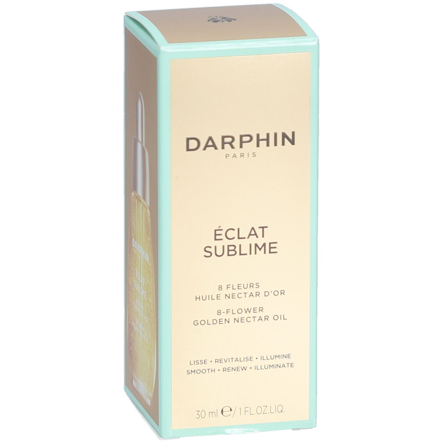 Boîte Darphin avec image du produit. Inscription : Eclat Sublime, 8 Fleurs, Huile Nectar d'Or. Flacon doré.