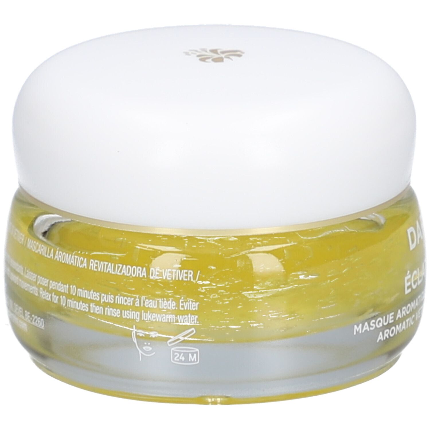 Glazen pot met gele crème en witte deksel. Tekst: Masque Aromatique Revitalisant au Vétiver. 24M-symbool.