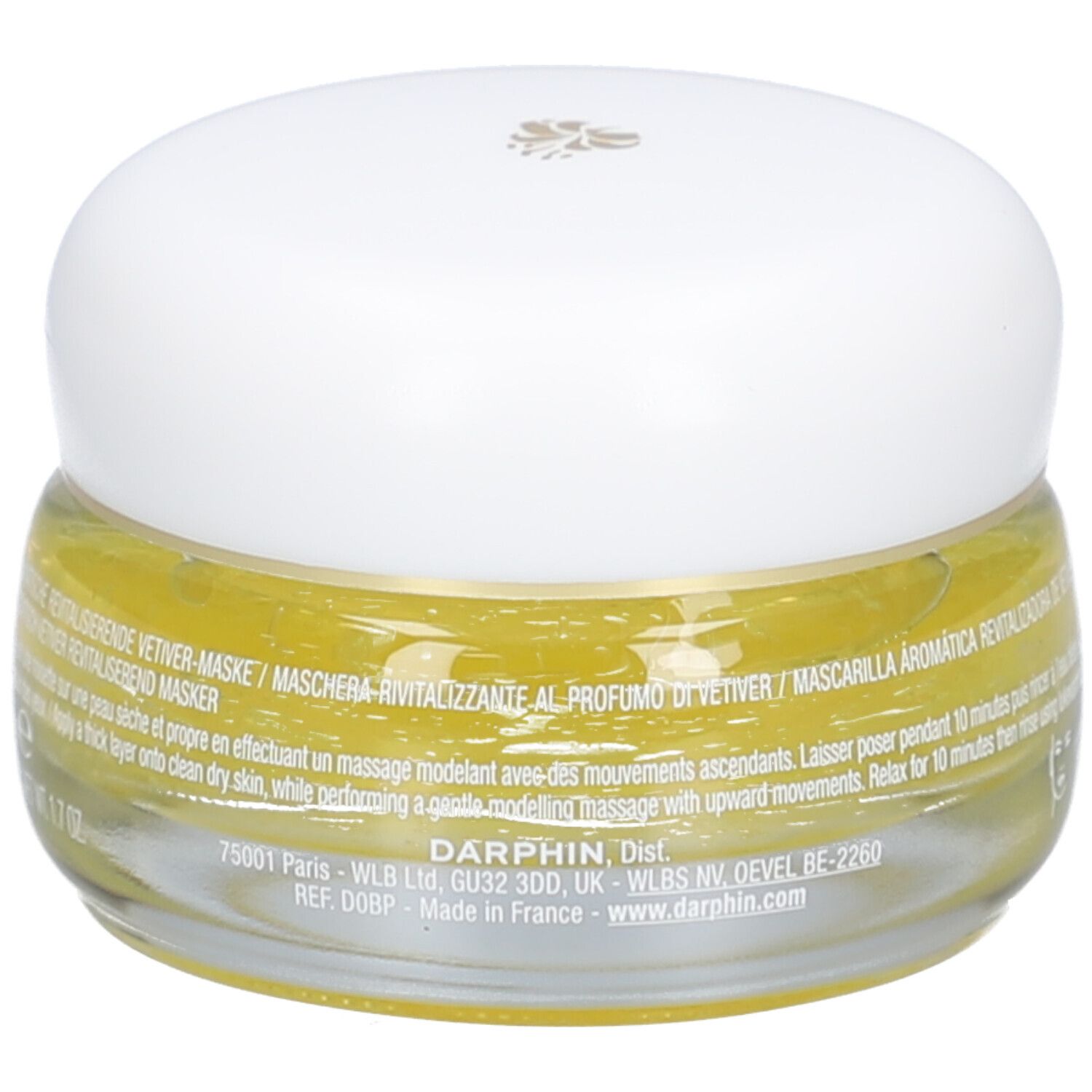 Glazen pot met gele crème en witte deksel. Tekst: Maschera Rivitalizzante al Profumo di Vetiver. Darphin-logo.