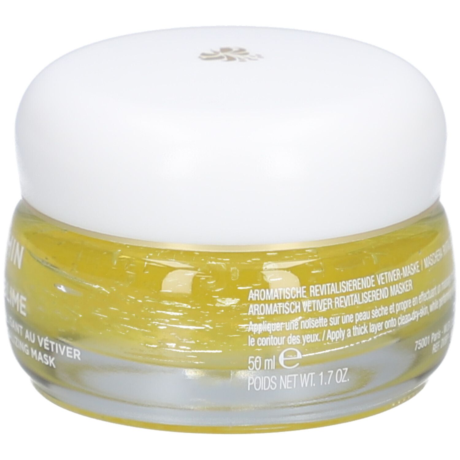 Glazen pot met gele crème en witte deksel. Tekst: Masque Aromatique Revitalisant au Vétiver. 50 ml. 1.7 OZ.