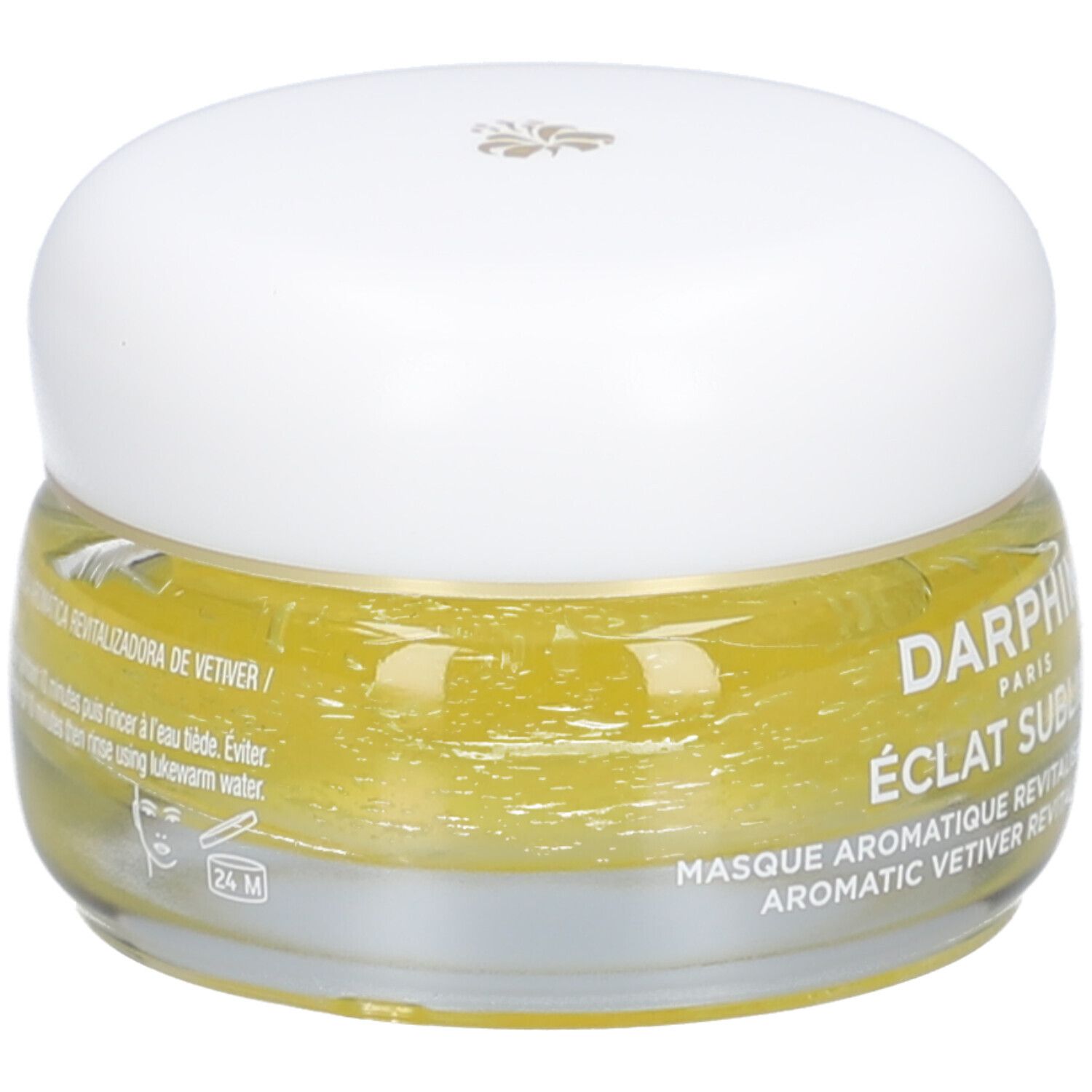 Glazen pot met gele crème en witte deksel. Tekst: Mascarilla Revitalizadora de Vetiver. 24M-symbool.