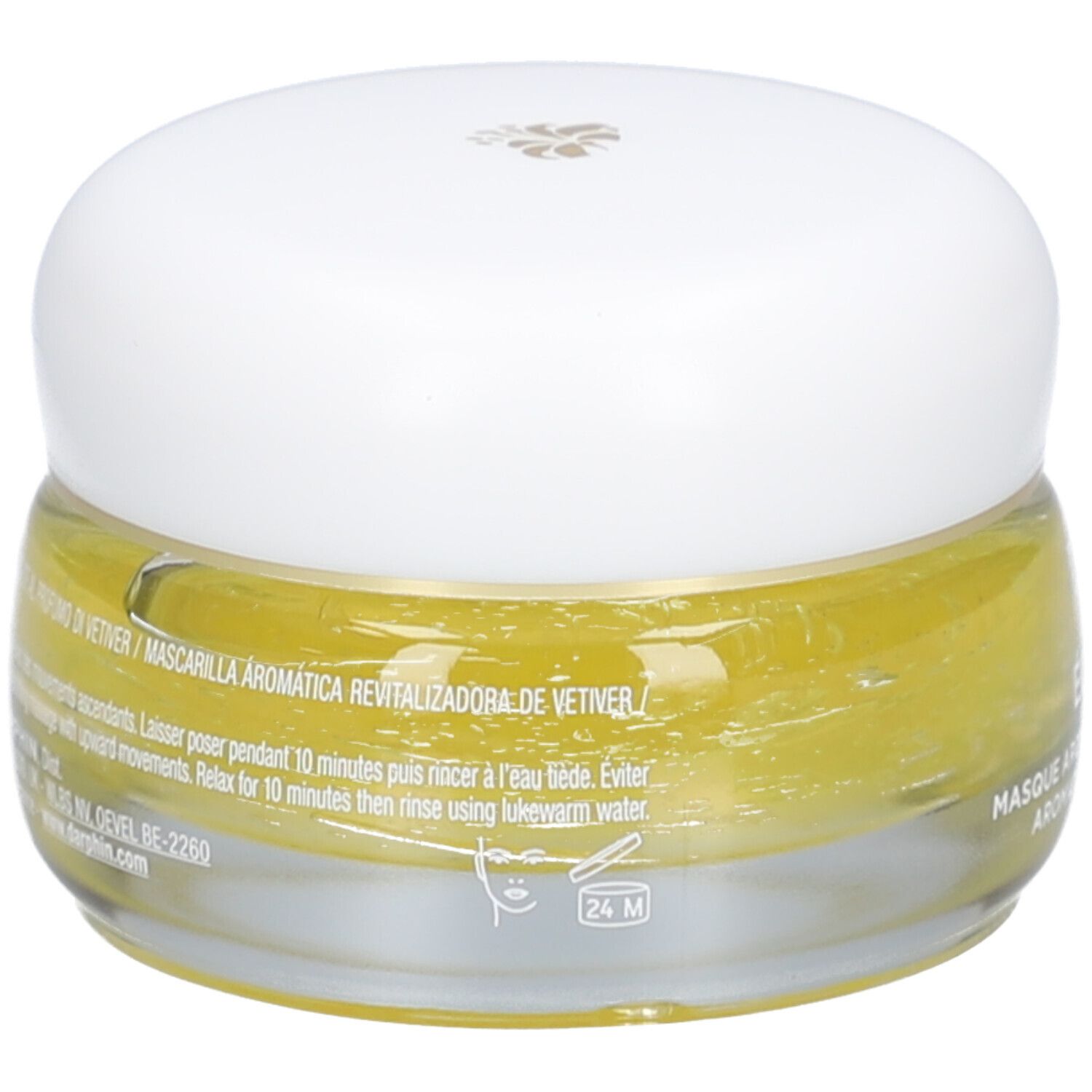 Glazen pot met gele crème en witte deksel. Tekst: Maschera Aromatica Revitalizzante al Vetiver. 24M-symbool.