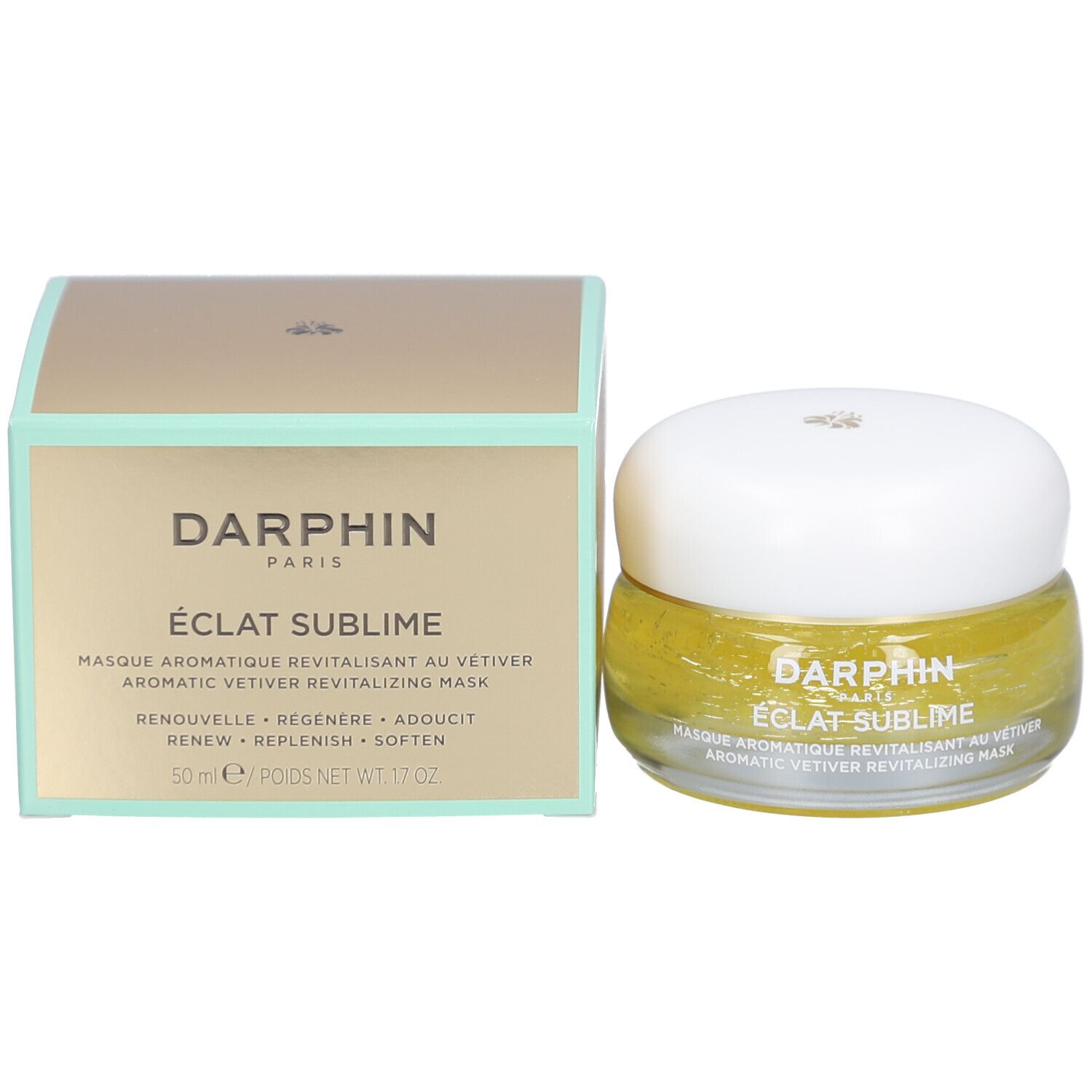 Productverpakking en glazen pot met gele crème. Tekst: Darphin, Éclat Sublime, 50 ml, 1.7 OZ. Met opschrift.