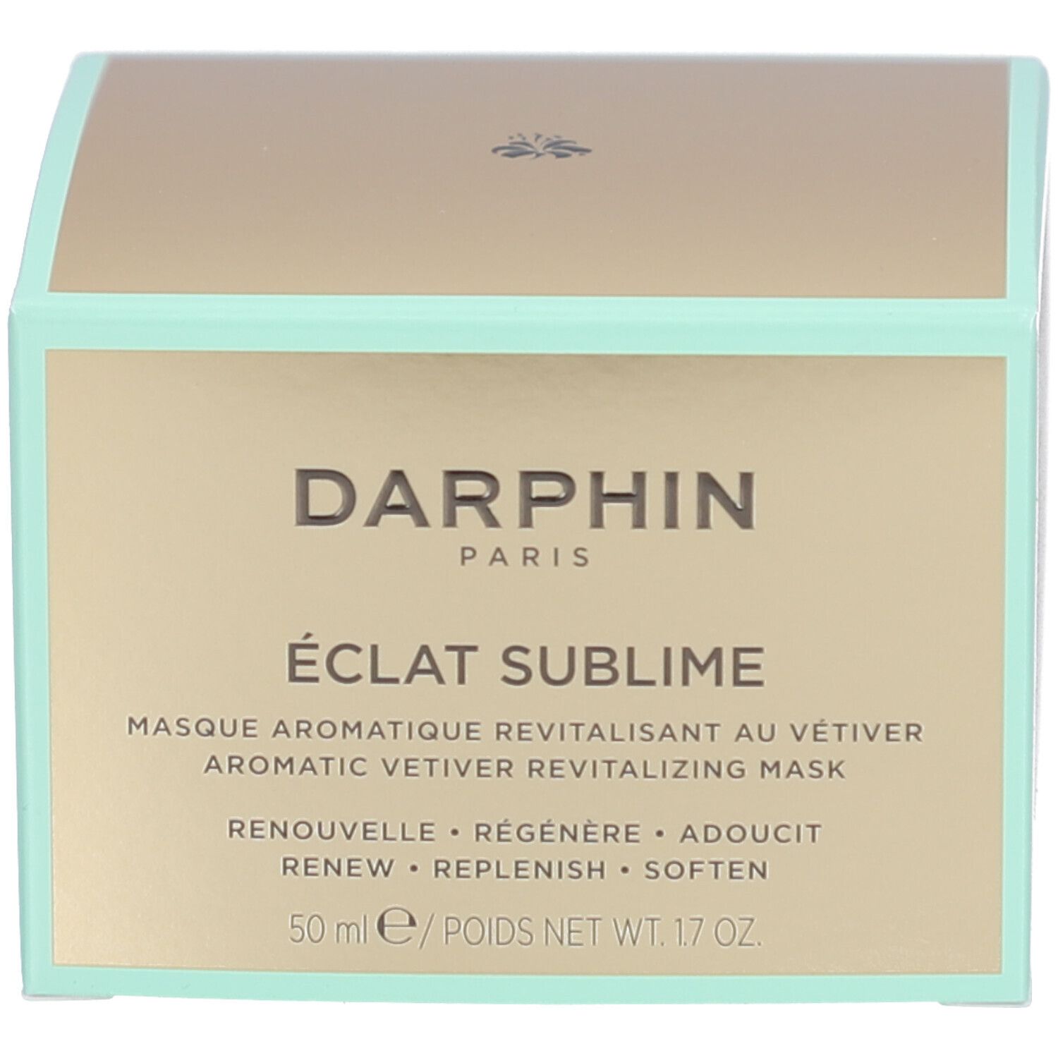 Productverpakking. Tekst: Darphin, Éclat Sublime, Masque aromatique revitalisant au vétiver. 50 ml/POIDS NET WT. 1.7 OZ.