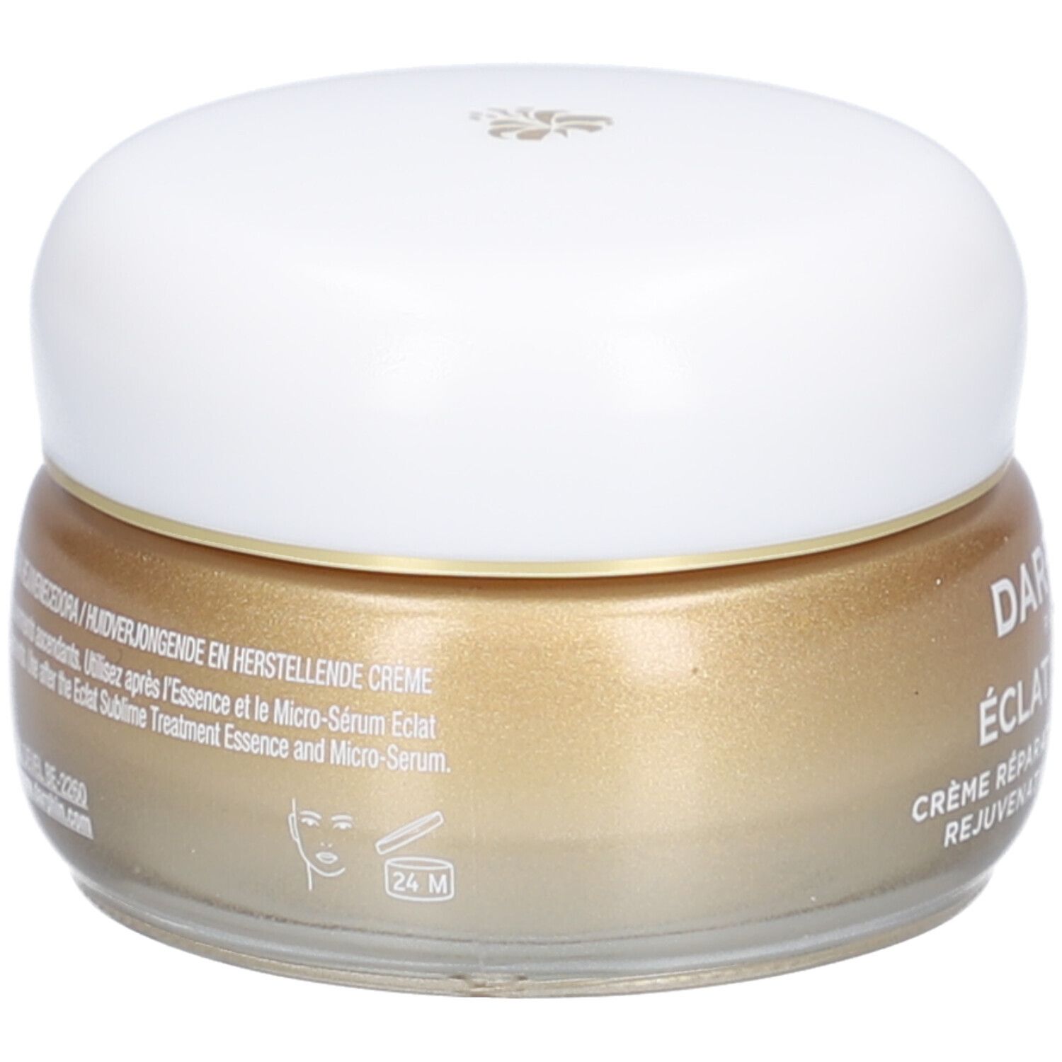 Crèmepot met witte deksel. Goudkleurige crème. Opschrift: DERMAFORA ÉCLAT SUBLIME Crème Réparation Revitalisante.
