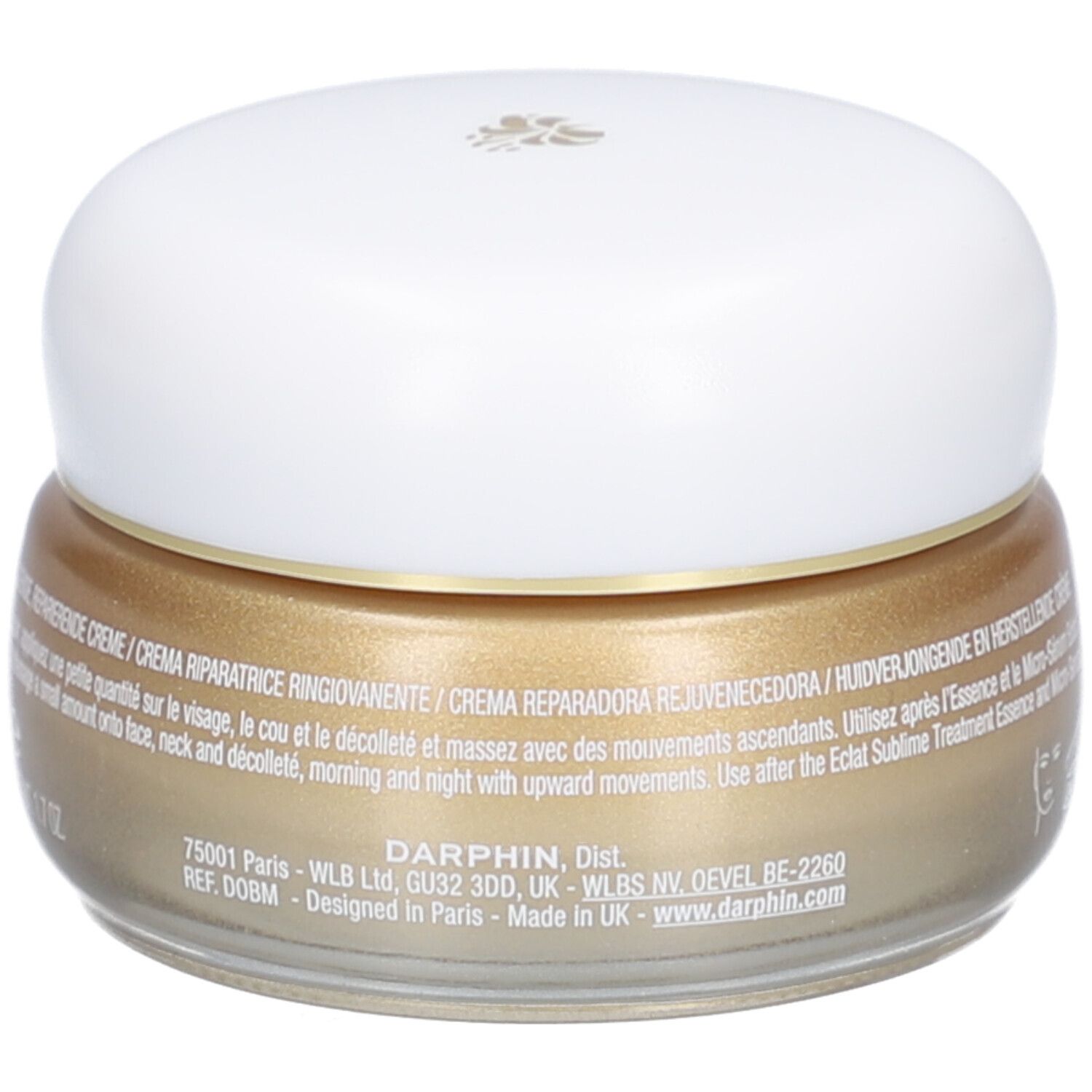 Crèmepot met witte deksel. Goudkleurige crème. Opschrift: DERMAFORA ÉCLAT SUBLIME Crème Réparation Revitalisante.