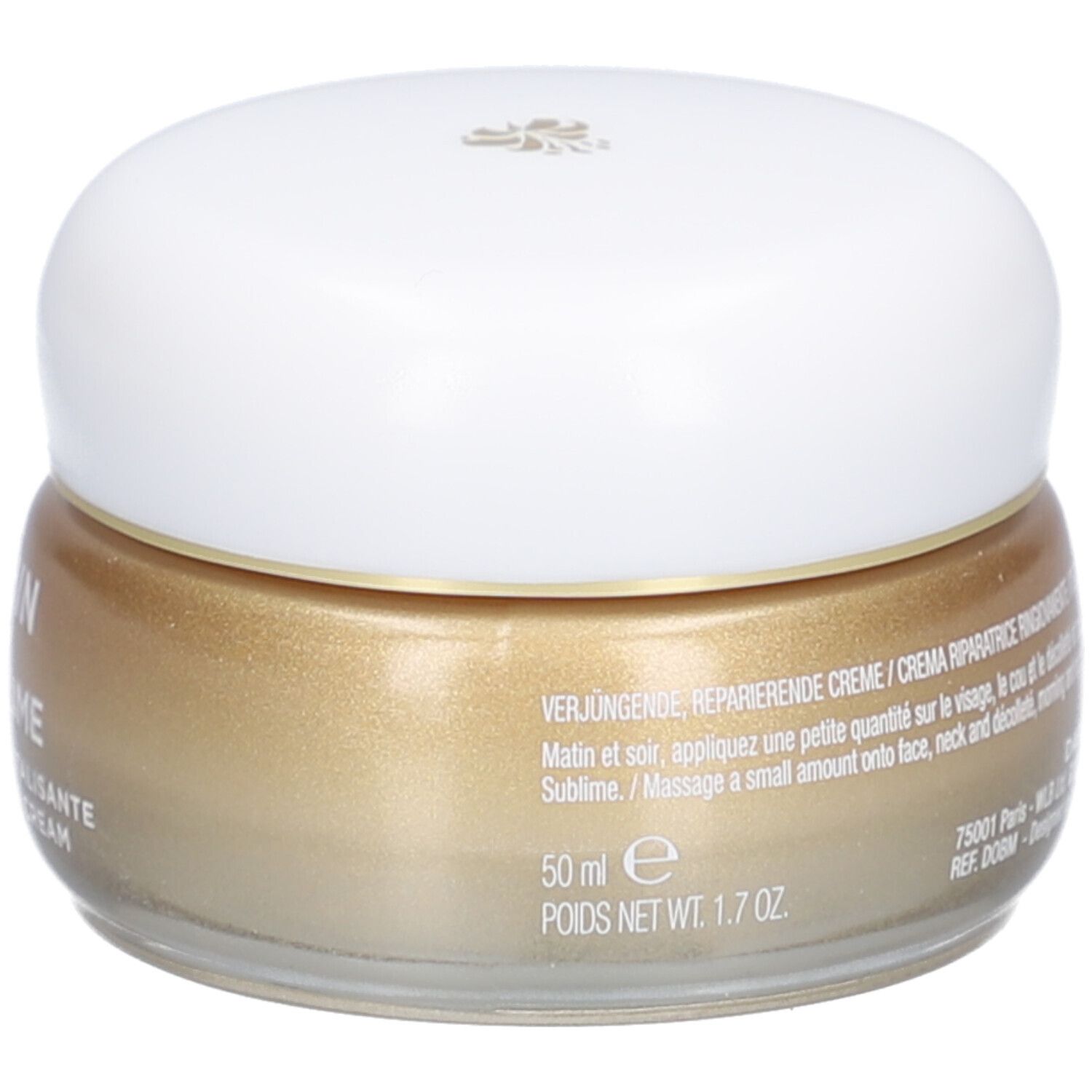 Crèmepot met witte deksel. Goudkleurige crème. Opschrift: DERMAFORA ÉCLAT SUBLIME Crème Réparation Revitalisante.