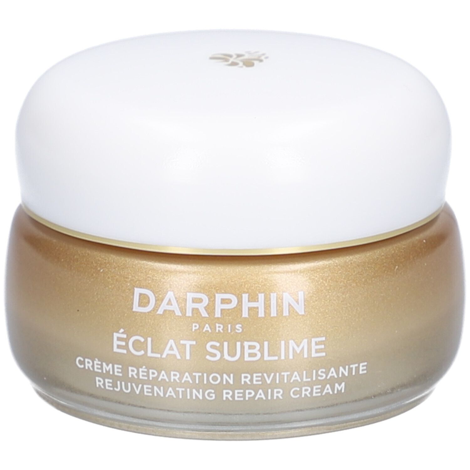 Crèmepot met witte deksel. Goudkleurige crème. Opschrift: DERMAFORA ÉCLAT SUBLIME Crème Réparation Revitalisante.