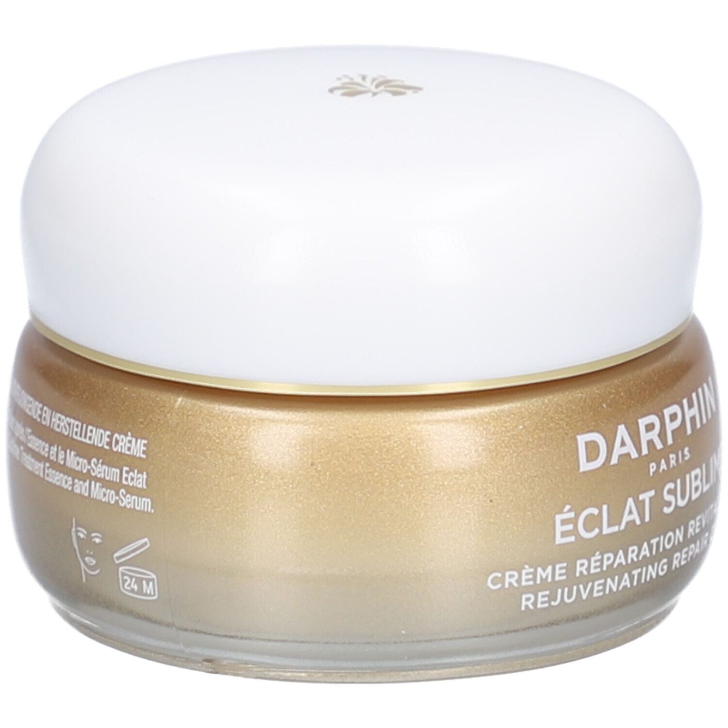Crèmepot met witte deksel. Goudkleurige crème. Opschrift: DERMAFORA ÉCLAT SUBLIME Crème Réparation Revitalisante.