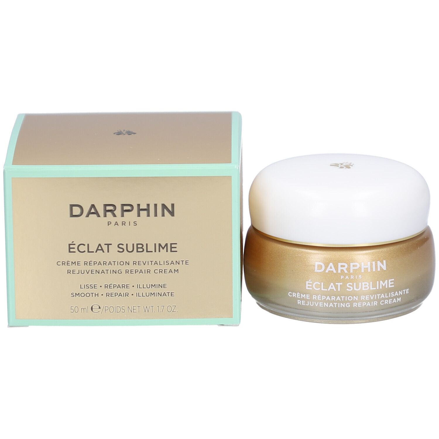 Crèmepot en doos. Goudkleurige crème en doos. Opschrift: DERMAFORA ÉCLAT SUBLIME Crème Réparation Revitalisante.