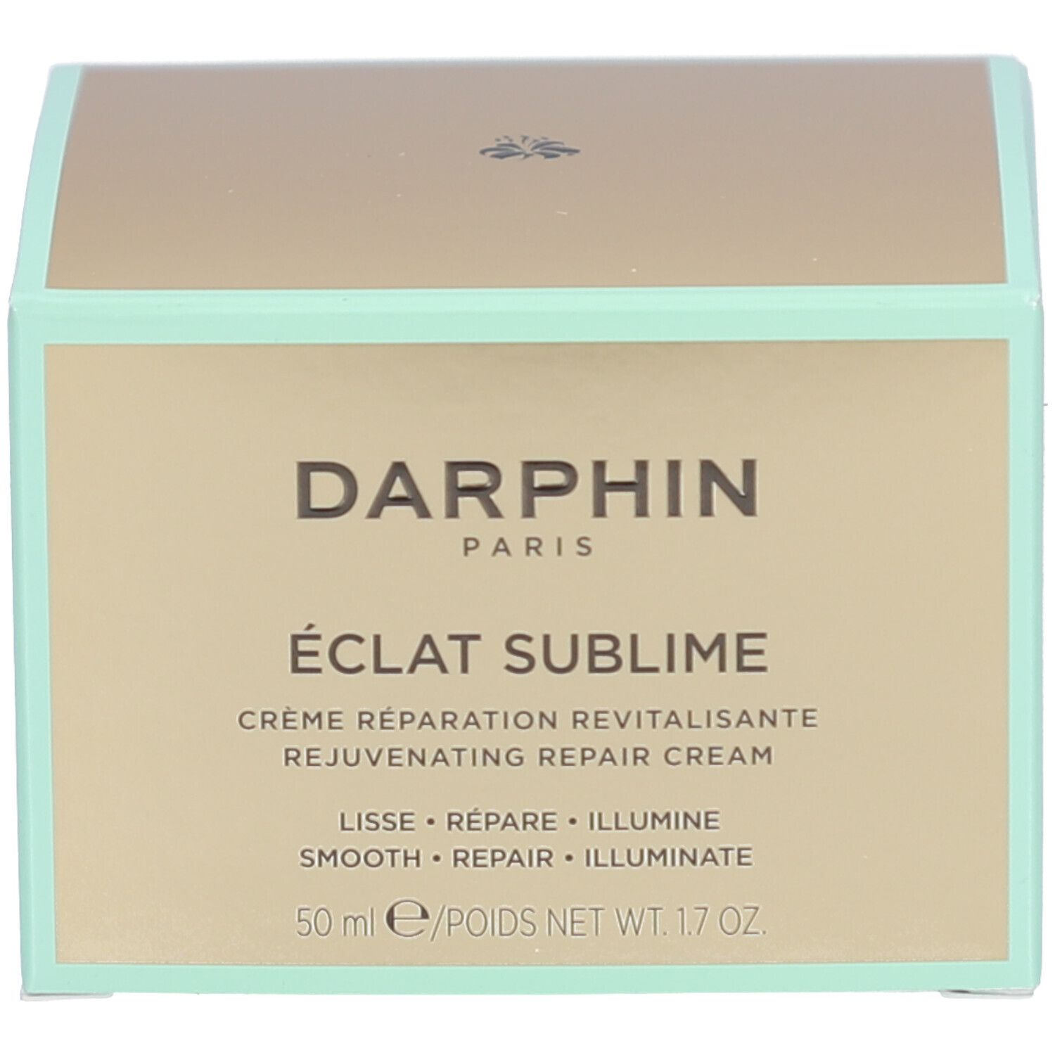Doos. Goudkleurige doos. Opschrift: DERMAFORA ÉCLAT SUBLIME Crème Réparation Revitalisante.