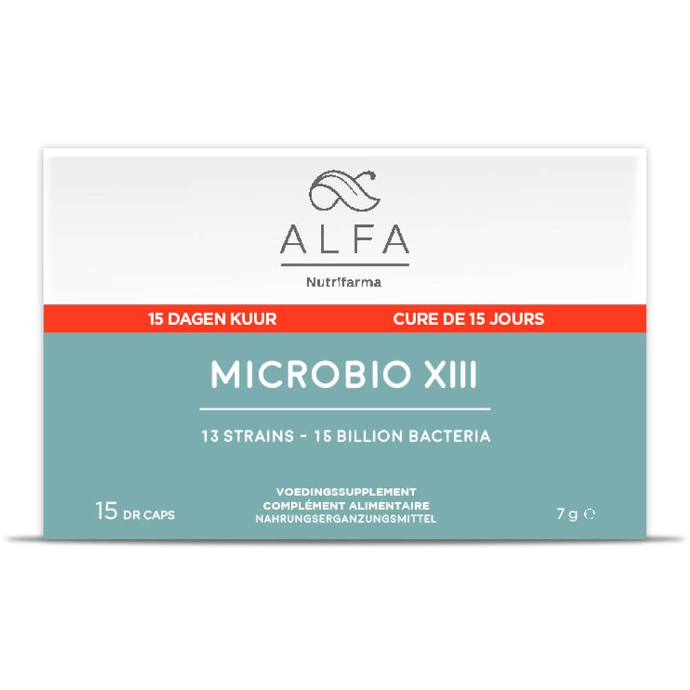 ALFA Microbio XIII-verpakking. Bevat 15 DR-capsules. Opschrift: 15 Dagen Kuur, Cure de 15 jours. 13 stammen - 15 miljard bacteriën.