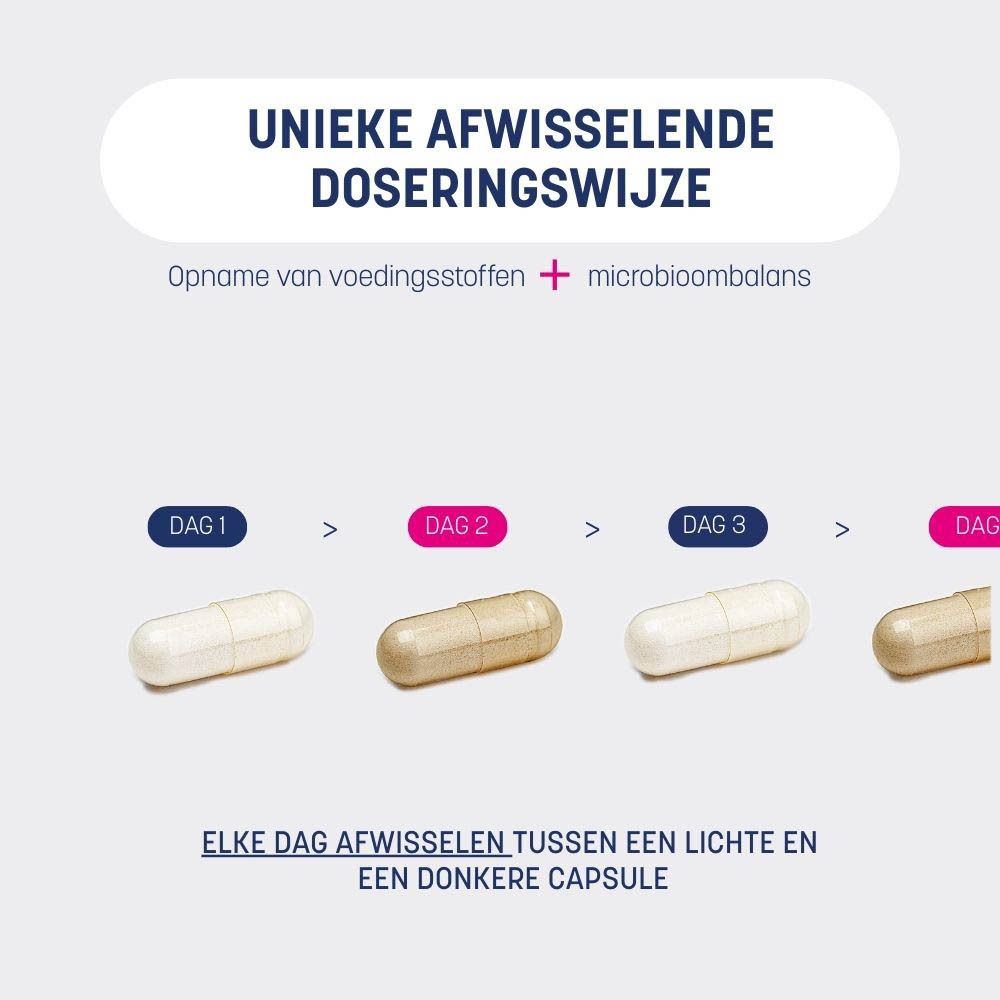 Doos FEM NutriBiomix. Bevat essentiële voedingsstoffen en micro-organismen. 30 capsules. Bedrukte ingrediënten.
