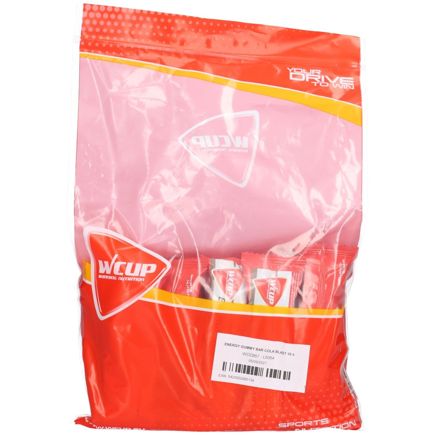 Verpakking van Wcup Energy Gummy Bar Cola Blast. Rode en roze plastic zak met productzakjes. Zichtbaar logo en etiket.