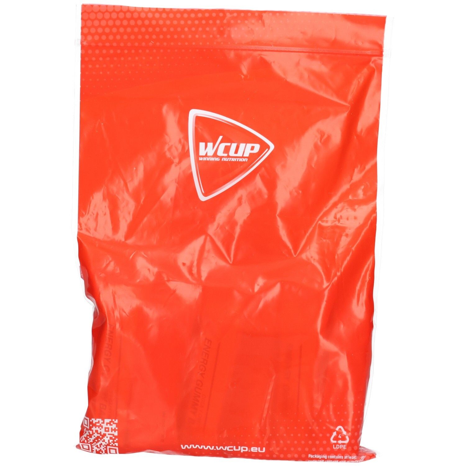 Rode verpakking met Wcup-logo. Plastic zak met wit logo. Tekst en QR-code onderaan.