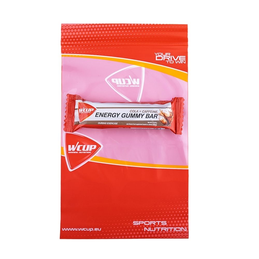 Barre énergétique gélifiée WCUP Cola + Caféine dans un emballage rouge.
