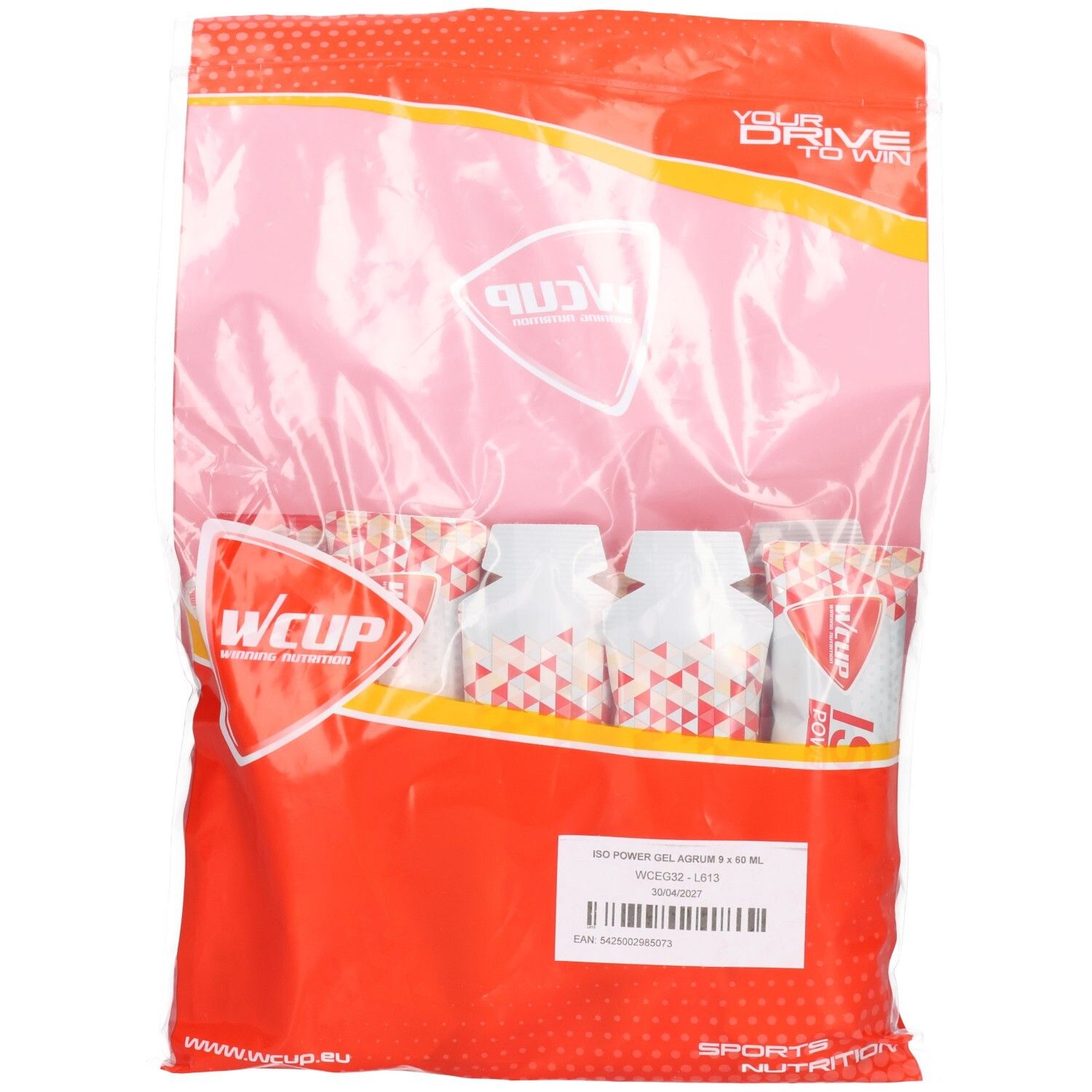 Emballage transparent contenant plusieurs sachets de gel. Impression "Wcup" et informations produit sur l'étiquette.