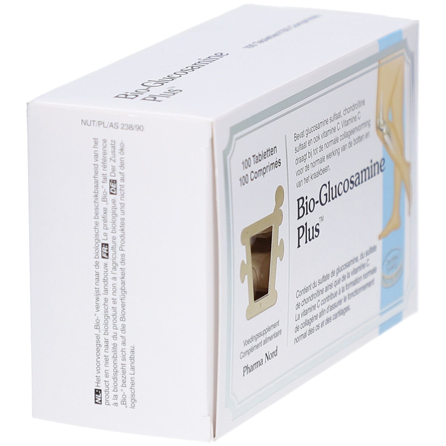 Doos met productnaam en tekst. Bevat 100 tabletten. Pharma Nord logo. Tekst in het Duits, Frans en Nederlands.