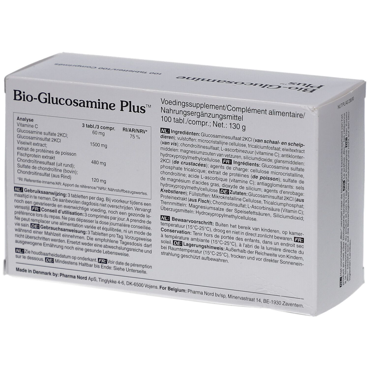 Doos met productnaam en tekst. Bevat 100 tabletten. Ingrediënten en voedingswaarde-informatie. Pharma Nord logo.