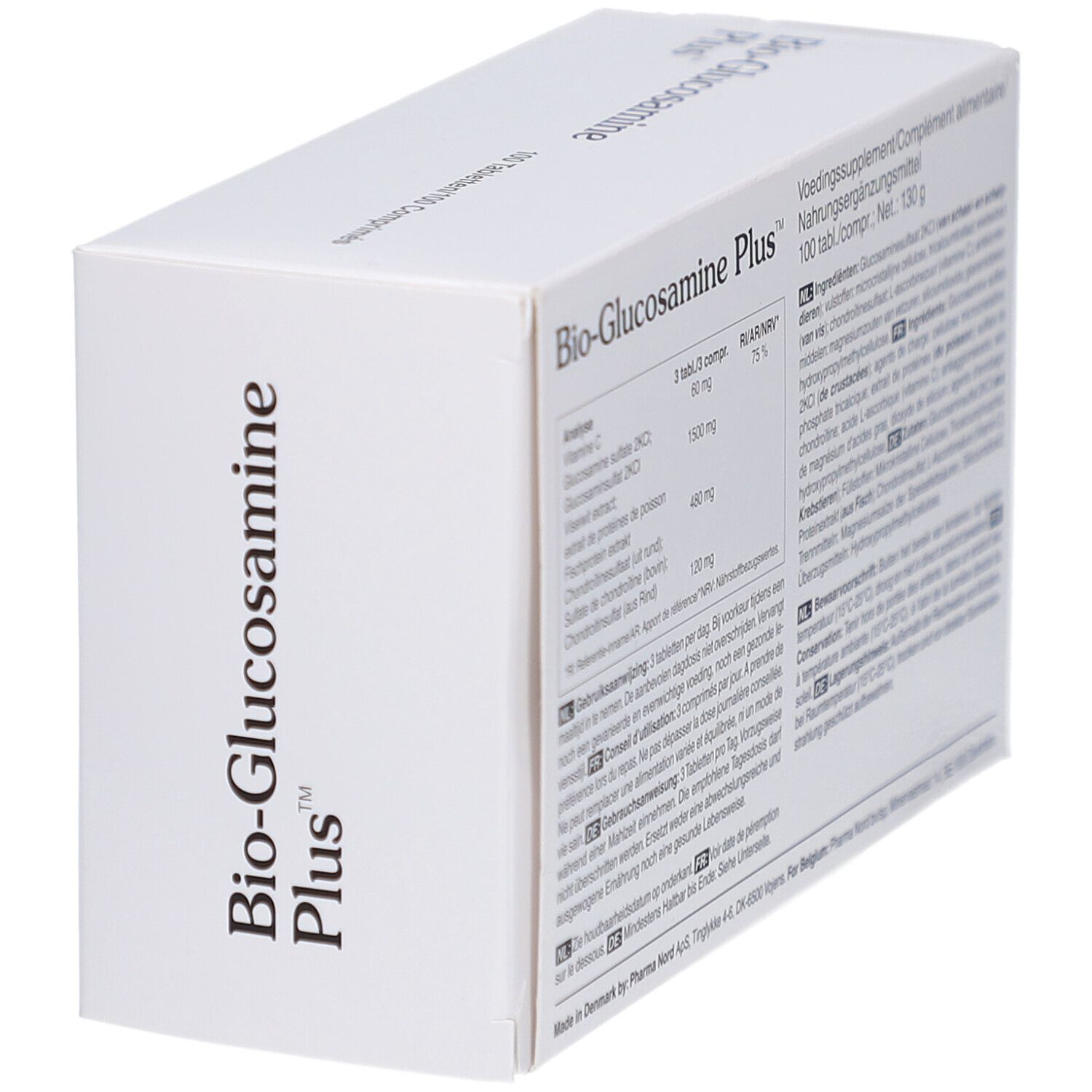 Doos met productnaam en tekst. Bevat 100 tabletten. Ingrediënten en voedingswaarde-informatie. Pharma Nord logo.