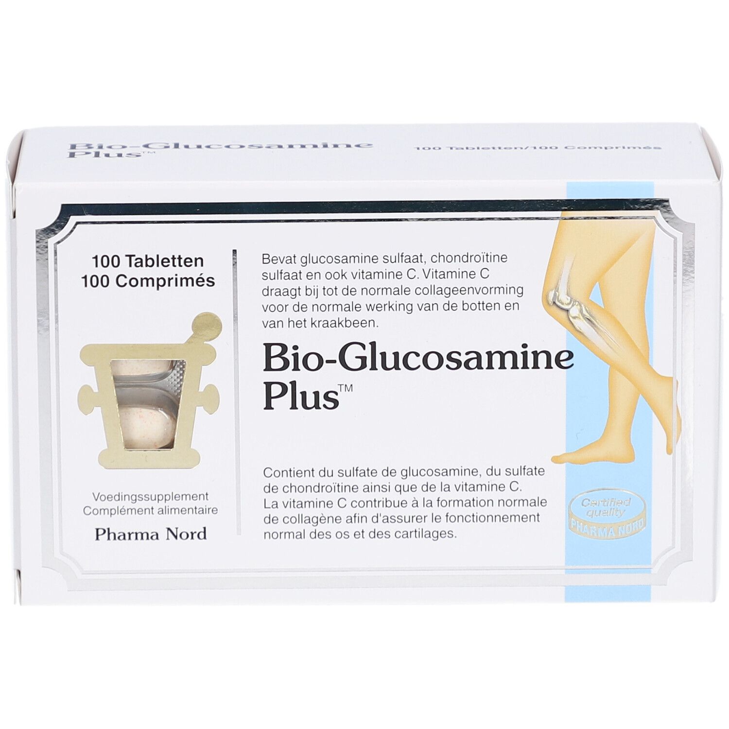 Witte doos met productnaam en afbeelding. Bevat 100 tabletten. Pharma Nord logo. Tekst in het Duits, Frans en Nederlands.