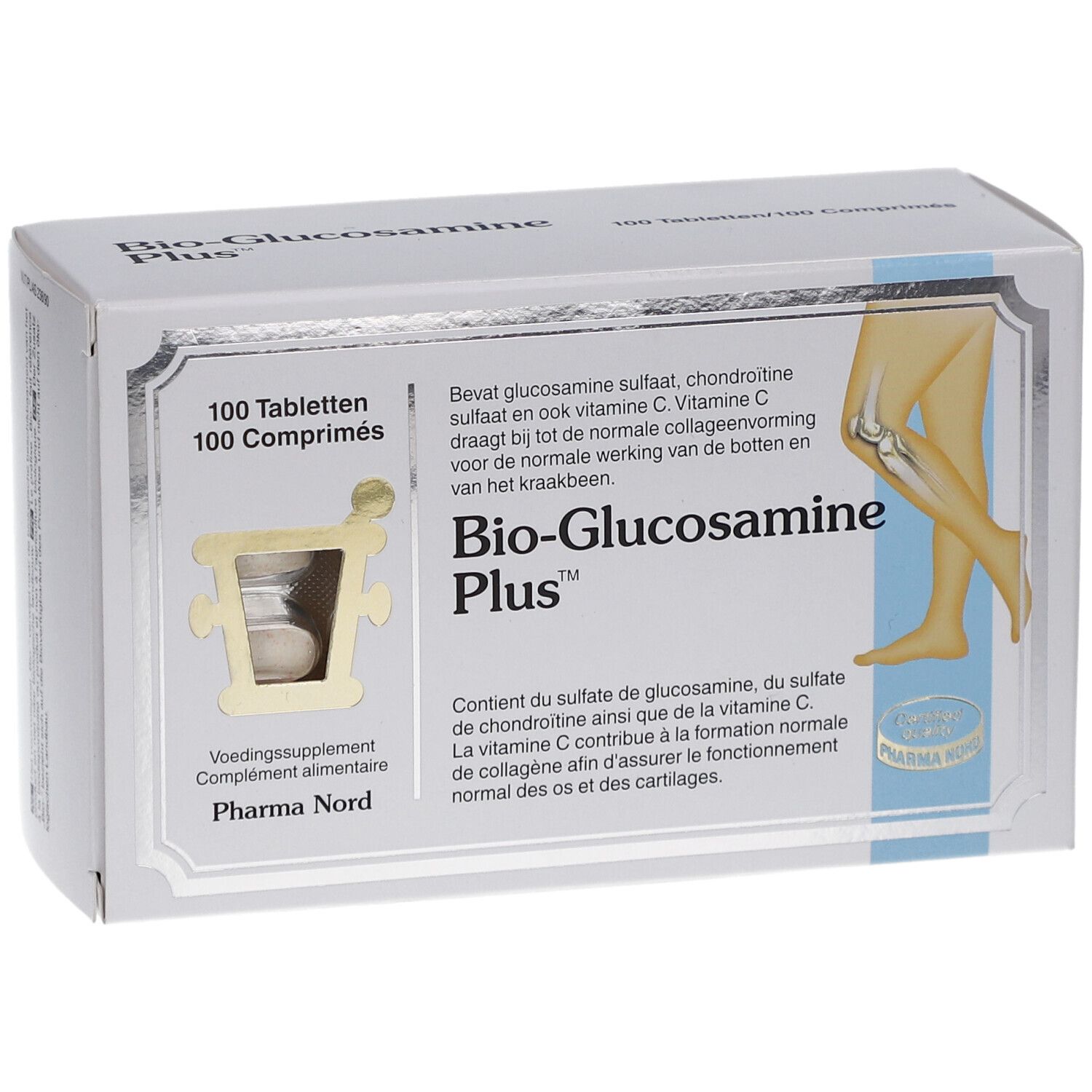 Witte doos met productnaam en afbeelding. Bevat 100 tabletten. Pharma Nord logo. Tekst in het Duits, Frans en Nederlands.
