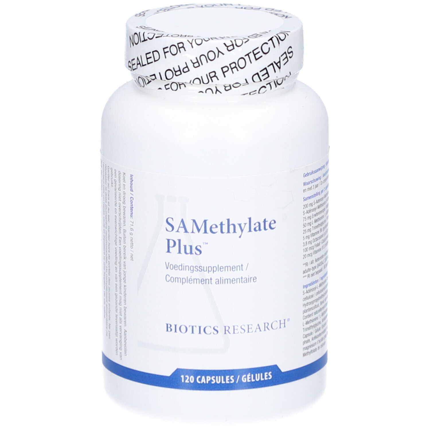Witte fles SA-Methylate Plus, 120 capsules. Biotics Research logo. Dop met opdruk.