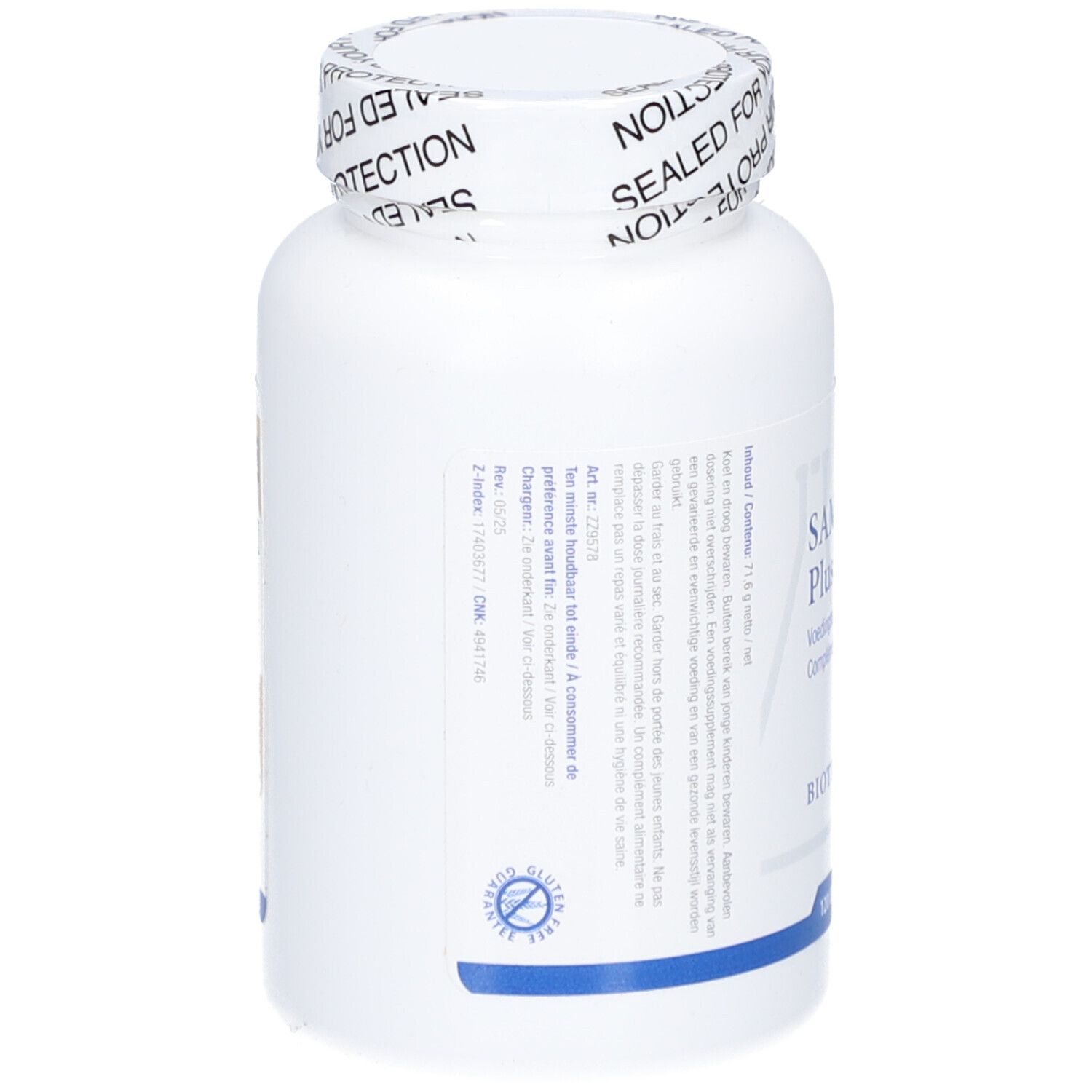 Witte fles SA-Methylate Plus. Achterkant met tekst. Glutenvrij symbool. Blauwe streep.