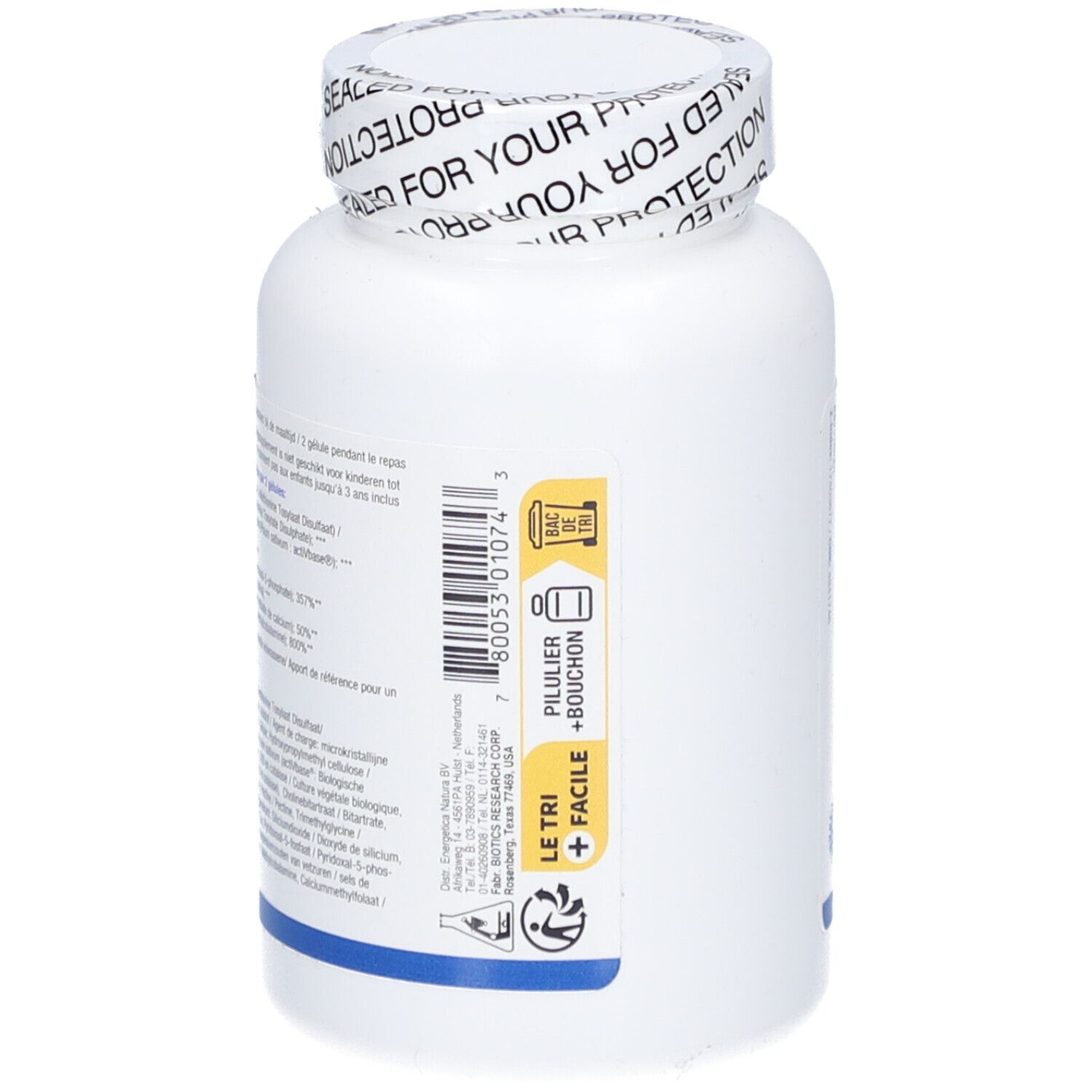 Witte fles SA-Methylate Plus. Achterkant met tekst en barcode. Recycling symbool. Blauwe streep.