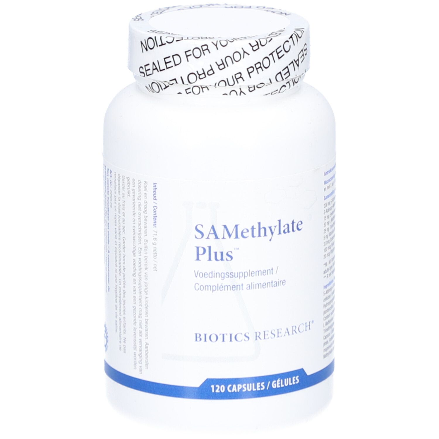 Witte fles SA-Methylate Plus, 120 capsules. Biotics Research logo. Dop met opdruk.