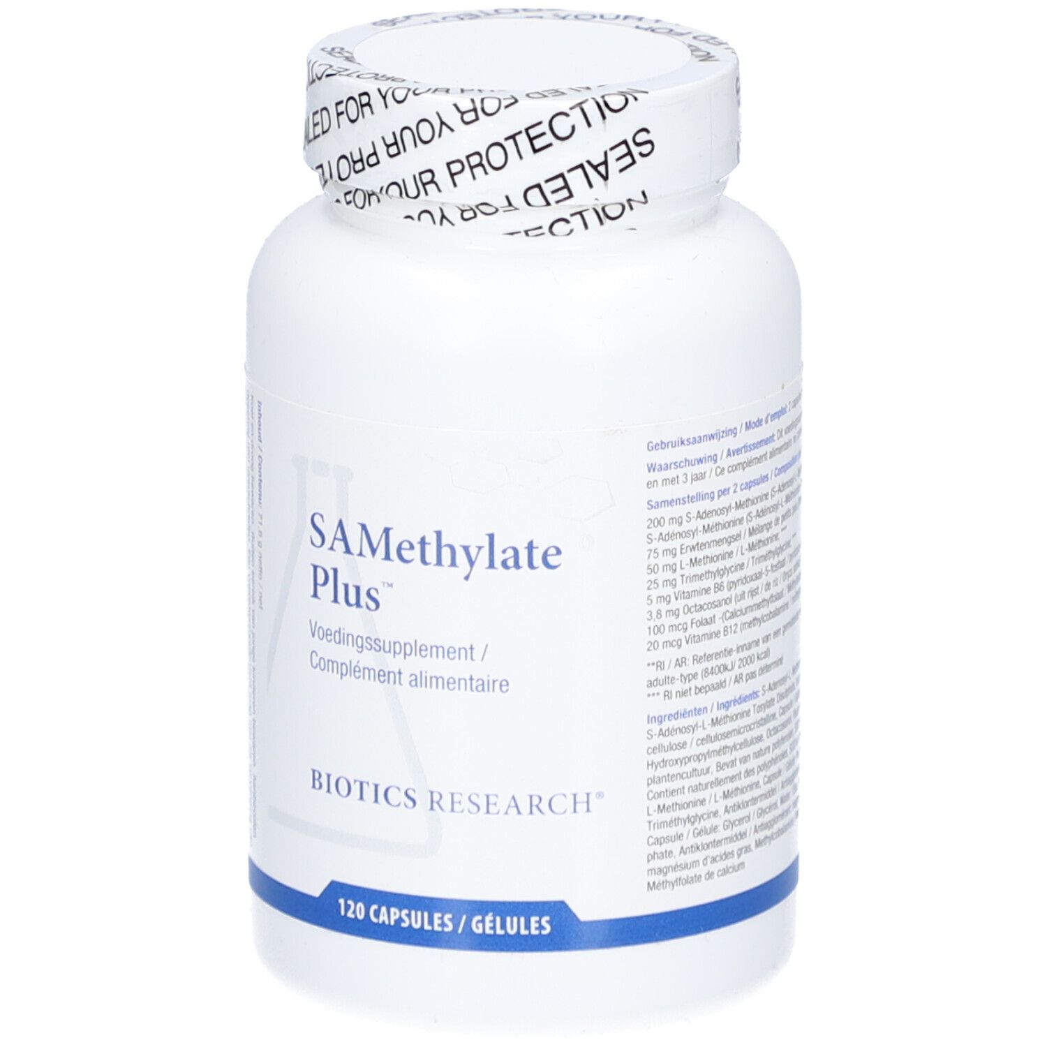 Witte fles SA-Methylate Plus, 120 capsules. Biotics Research logo. Tekst en ingrediënten.