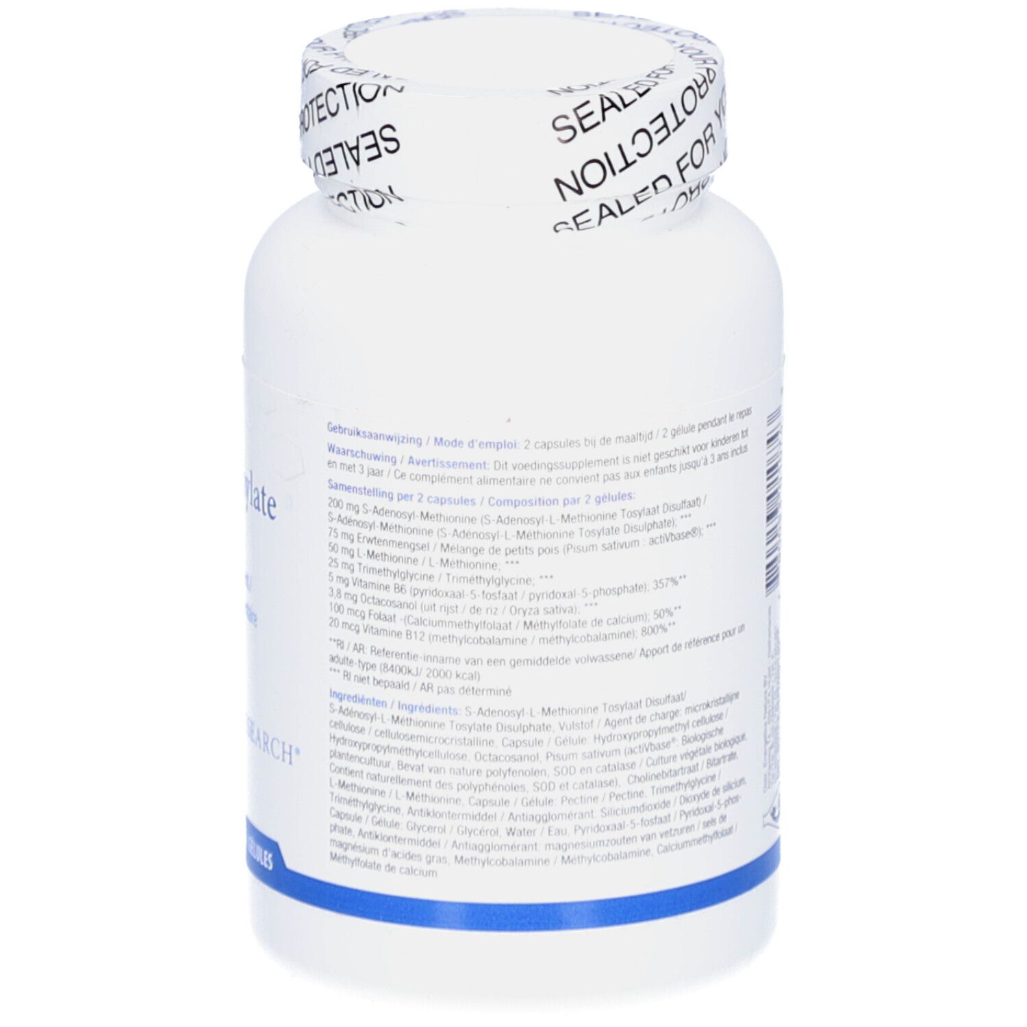 Witte fles SA-Methylate Plus. Achterkant met tekst en ingrediënten. Blauwe streep.