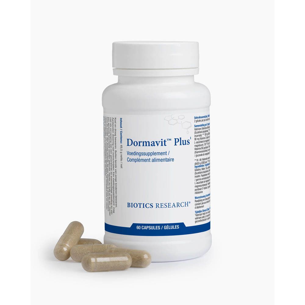 Flacon blanc Dormavit Plus, 60 gélules. Biotics Research. Gélules à côté.
