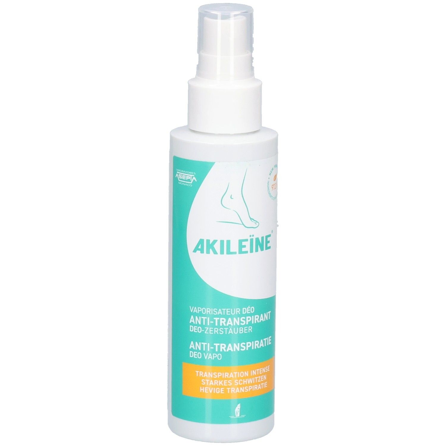 Wit-groene sprayfles met productnaam en voetillustratie. Tekst: Anti-transpirant Deo.