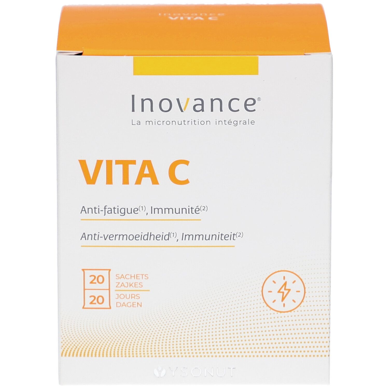 Face avant de la boîte Inovance Vita C, 20 sachets. Inscriptions: Anti-fatigue, Immunité. Design orange et blanc.