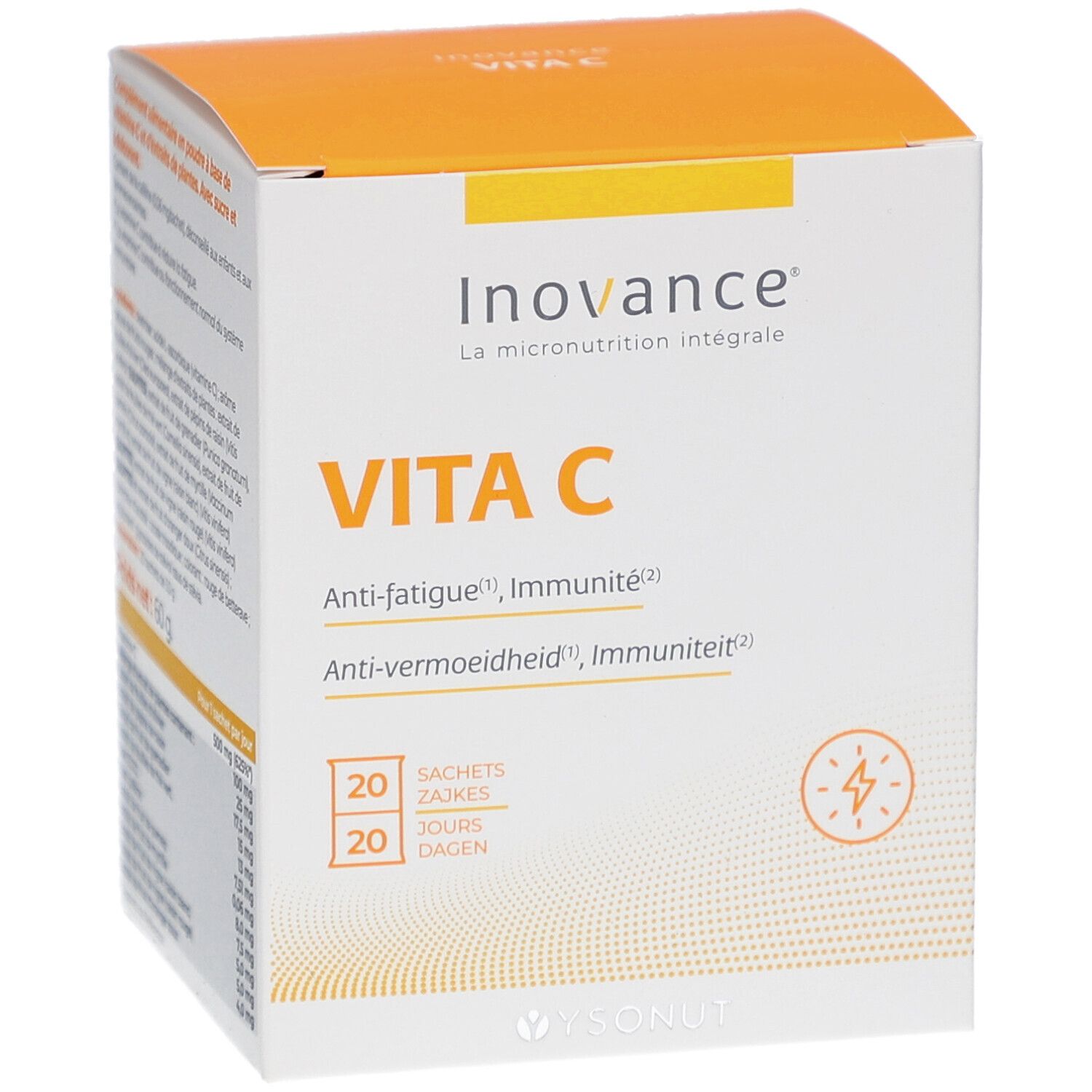 Face avant de la boîte Inovance Vita C, 20 sachets. Inscriptions: Anti-fatigue, Immunité. Design orange et blanc.