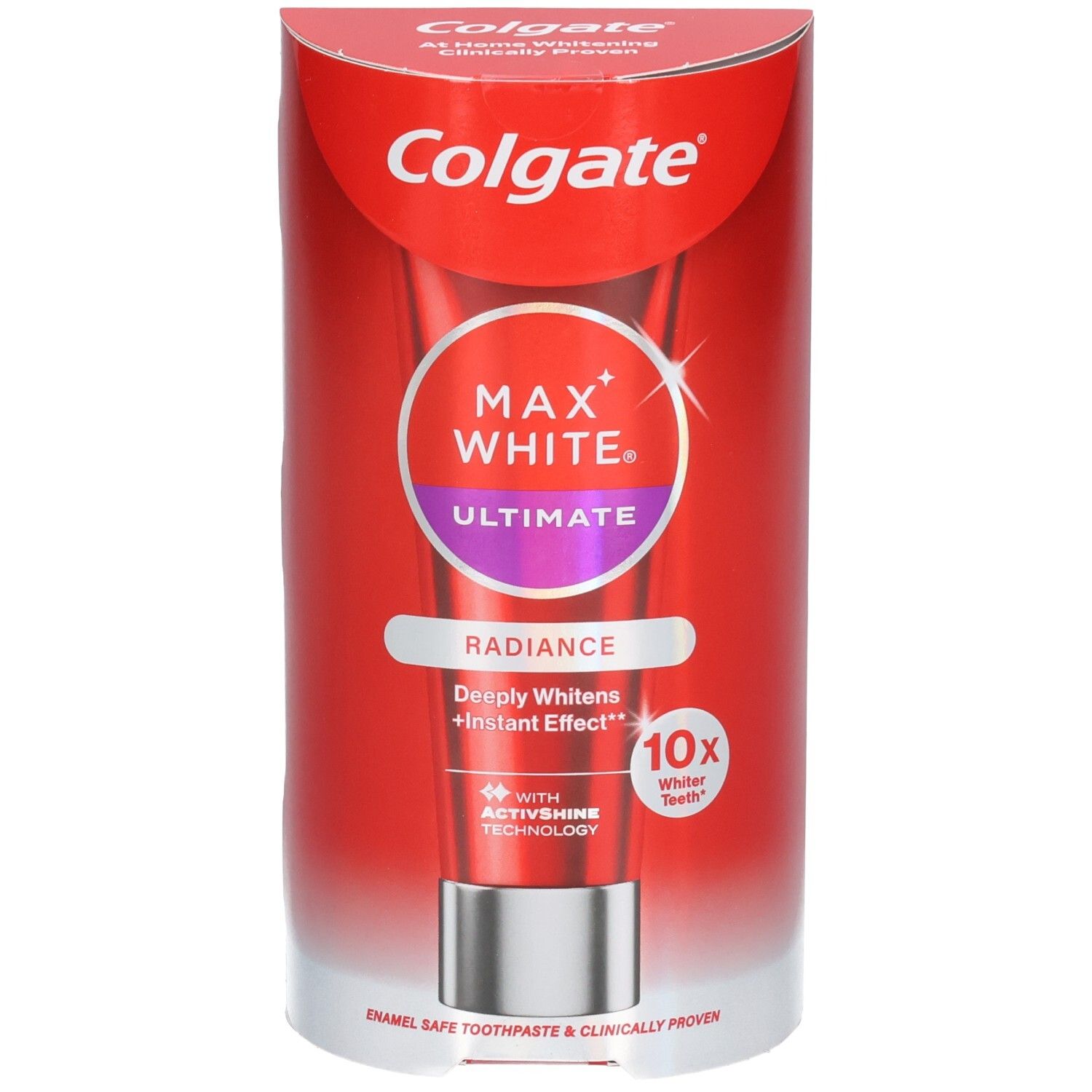 Tandpastatube in rode verpakking. Opschrift: Colgate Max White Ultimate Radiance. Met ActivShine technologie.