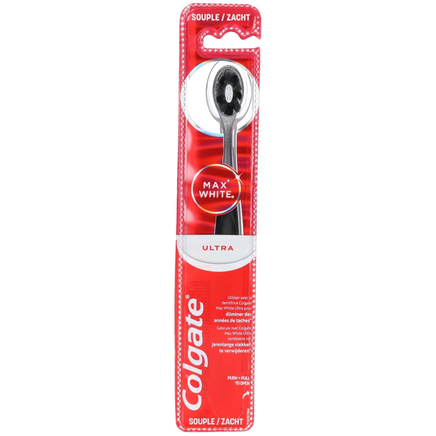 Tandenborstel in rode verpakking. Zwarte borstelkop met witte borstelharen. Opschrift: Max White Ultra, Colgate.