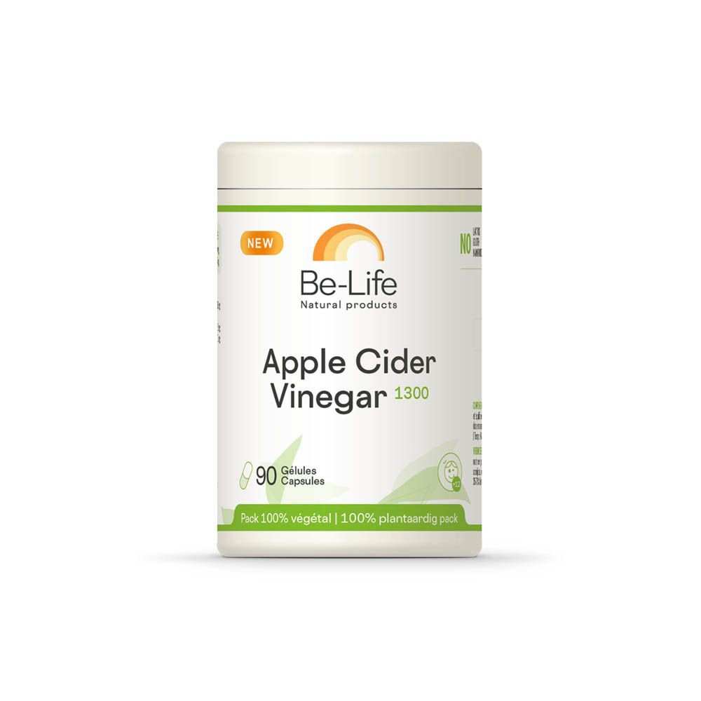 Be-Life Apple Cider Vinegar 1300. Pot met 90 capsules. Opschrift: 100% plantaardig. Deksel en pot crèmekleurig.
