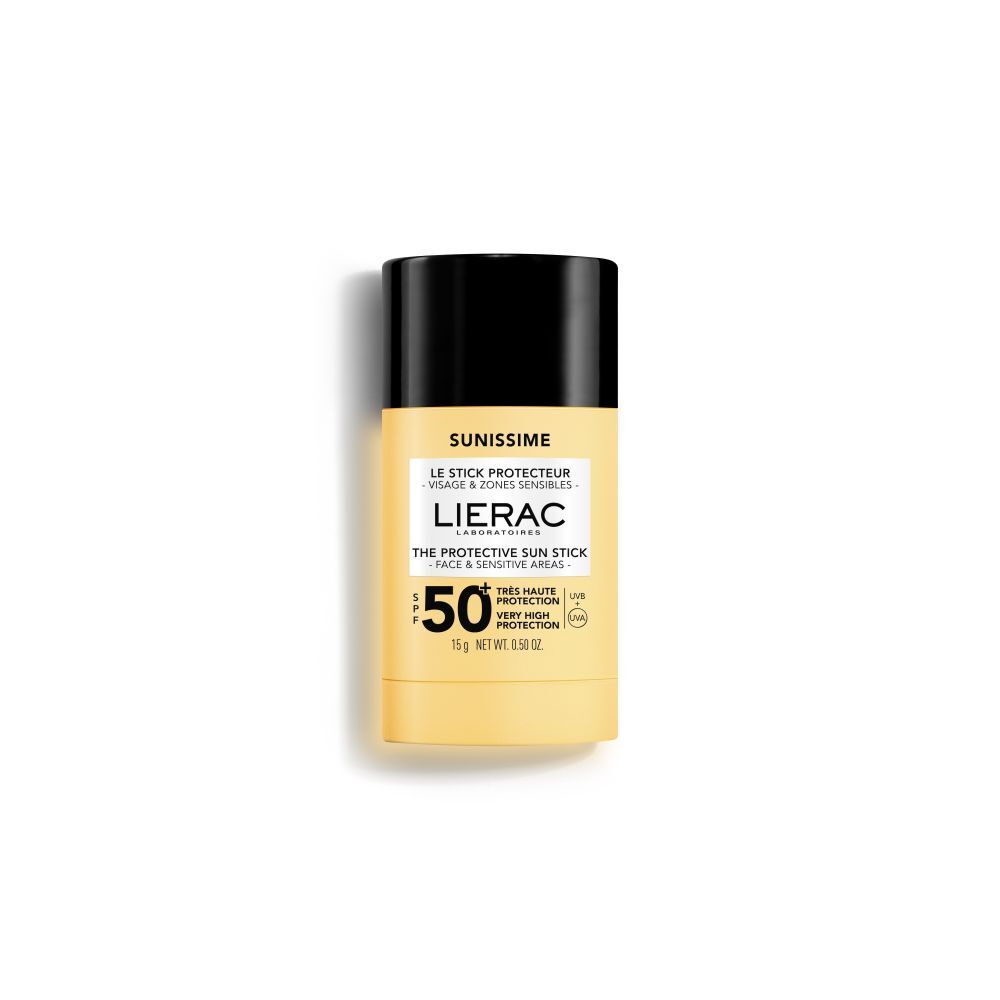 Stick solaire cylindrique. Base jaune, couvercle noir. SPF 50+ et nom du produit visibles.