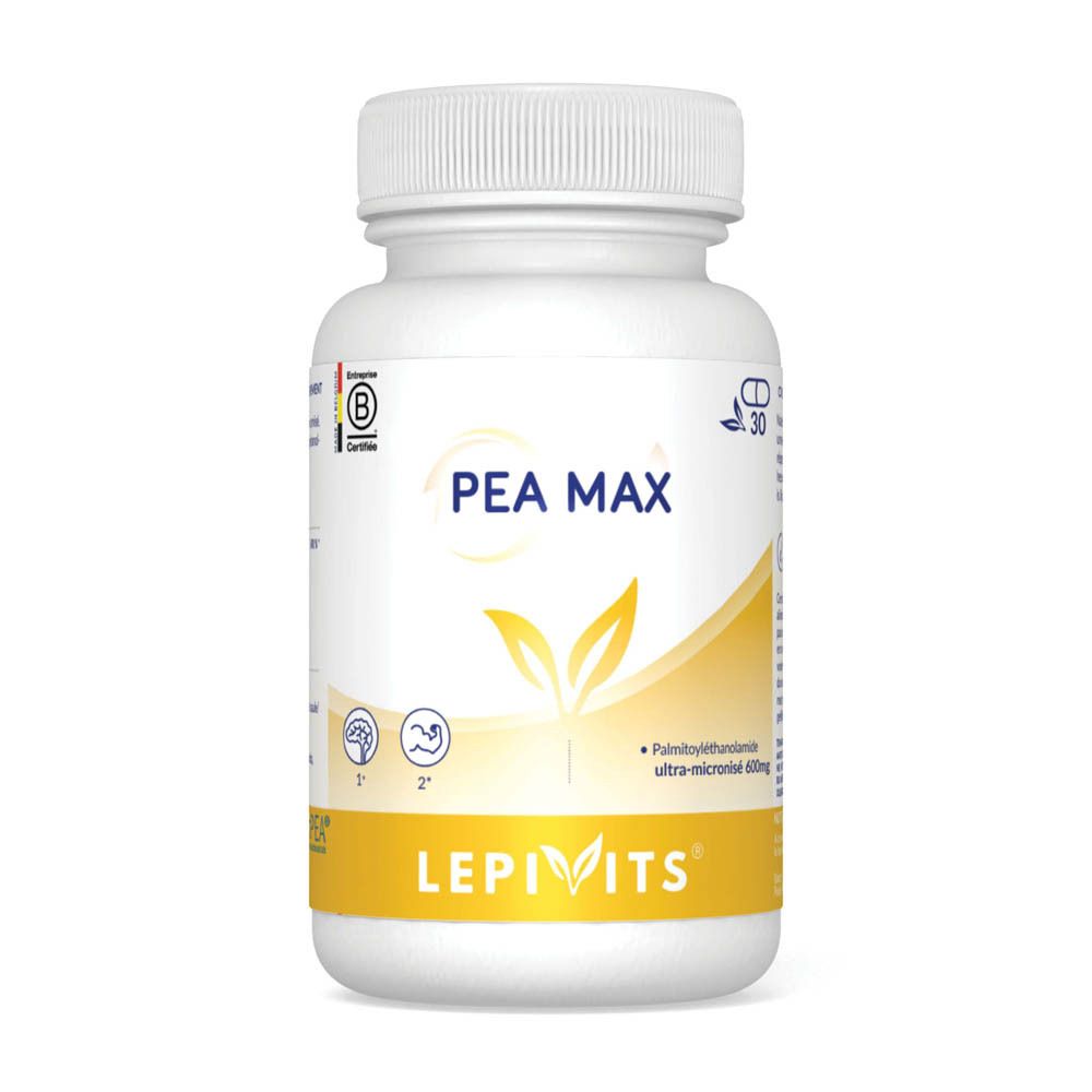 Witte fles met PEA MAX-opschrift en Lepivits-logo. Bevat 30 capsules. Met certificeringslabel.