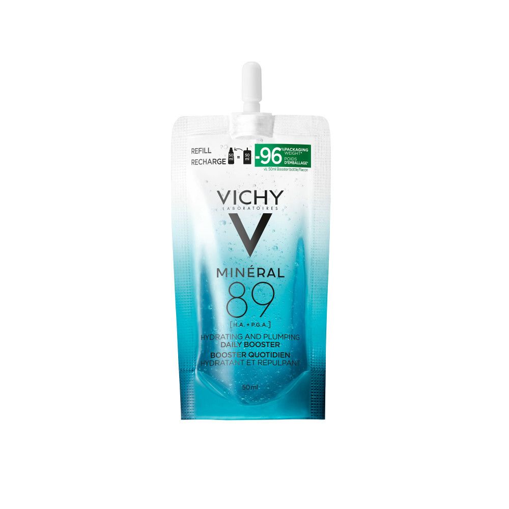 Recharge Vichy Mineral 89. Flacon avec bouchon blanc. Emballage vert et blanc.