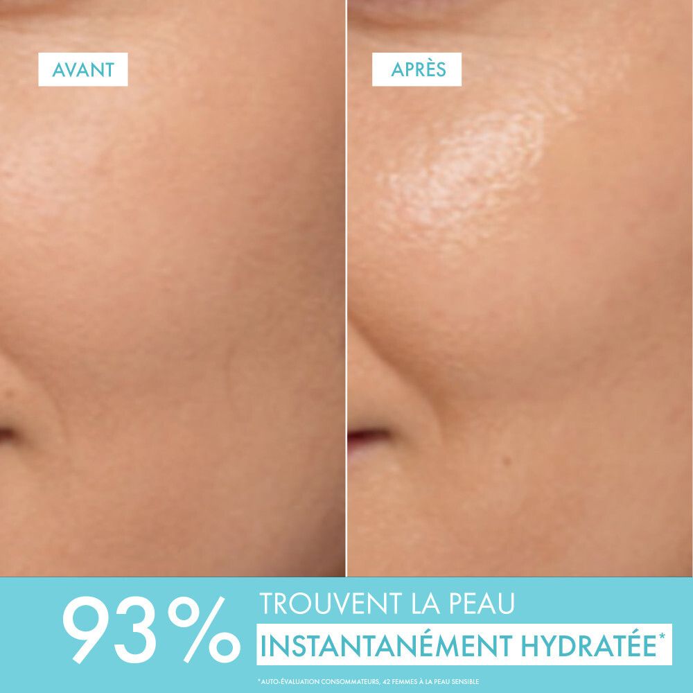 Peau du visage avant et après. Texte : 93% hydratation instantanée.