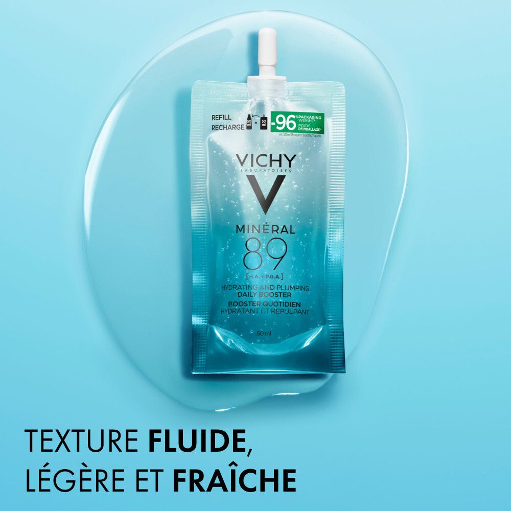 Recharge Vichy Mineral 89. Texte : Texture fluide, légère et fraîche.