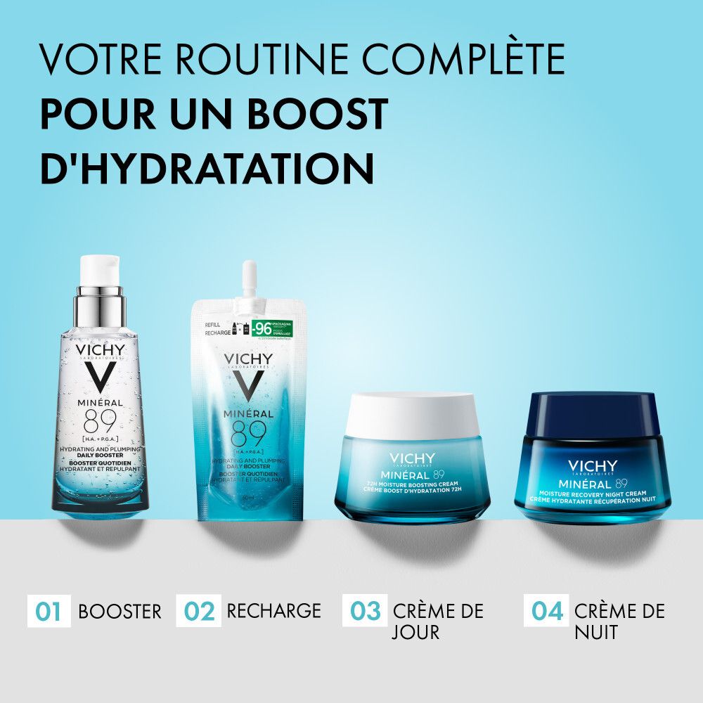 Quatre produits. Vichy Mineral 89. Texte : Votre routine complète.