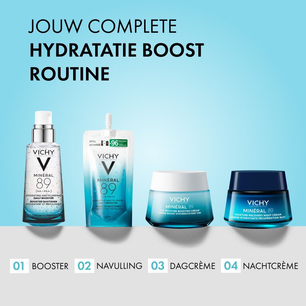 Vier producten. Vichy Mineral 89. Tekst: Jouw complete hydratatie boost routine.
