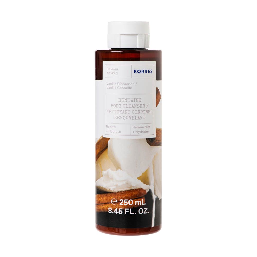 Bruine fles met witte dop. Opschrift: KORRES, Vanille Cannelle, Renewing Body Cleanser. 250 ml.