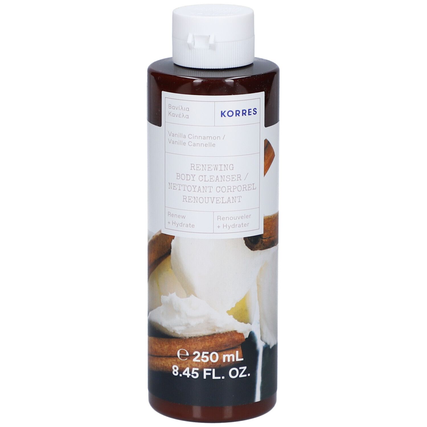 Bruine fles met witte dop. Opschrift: KORRES, Vanille Cannelle, Renewing Body Cleanser. 250 ml.