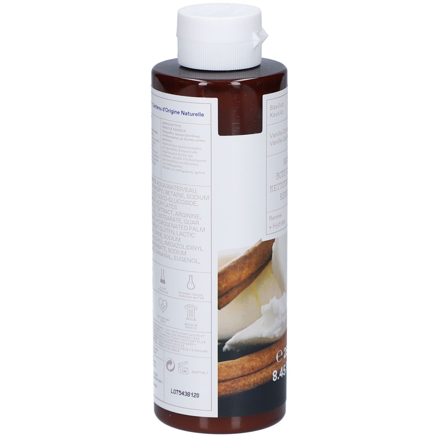 Achterkant bruine fles met witte dop. Tekst: Ingrediënten, 86,5% natuurlijke oorsprong. LOT5438120.